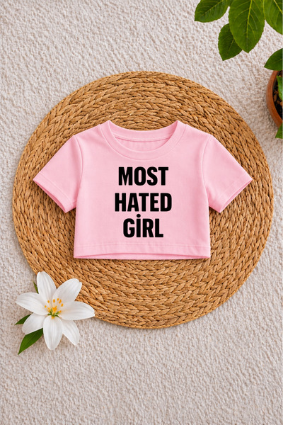 MECH BUTİK Most Hated Girl Printed Black-White-Pink Crop Top, Crop T-Shirt Ts...