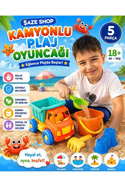 SAZE 5 Parça Kamyonlu Plaj Oyuncağı Seti Kum Kovası Kürek Tırmık Kum Kalıbı Ç...