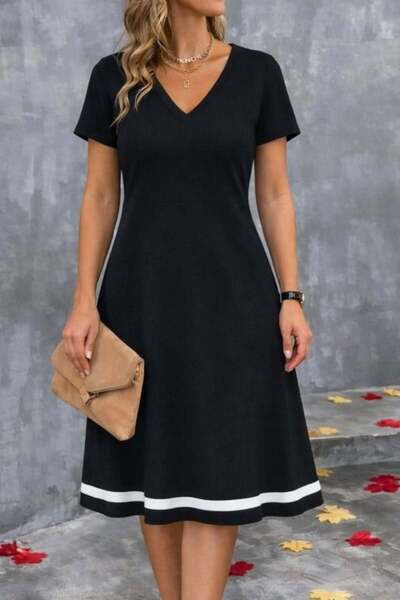 Aymood Women's Short Sleeve V-Neck Midi Janjan Crepe Dress with Striped Hem