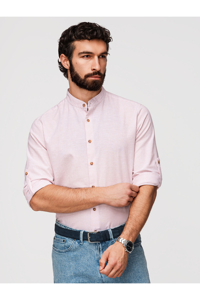 OMBRE Pánské košile regular fit s výšivkou OM-SHCS-0189 Pale mauve