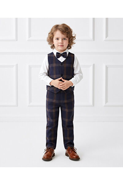 Mark & Mia Solid Full Sleeves Party Suit With Checkered Waistcoat - Blue/White