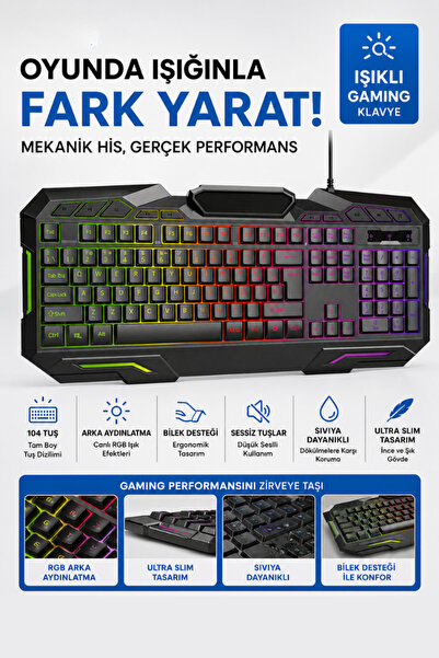 CROW'S TECH Oyuncu Klavye RGB Işıklı Mekanik Hisli Gaming Klavye Sessiz Tuşlu...