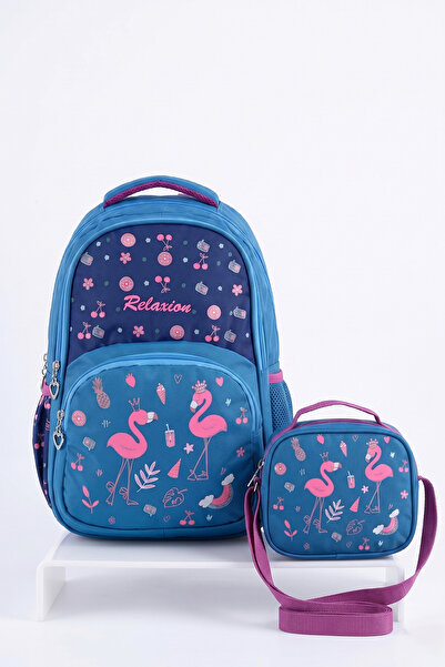 nacar çarşı Relaxion Girl's Blue Flamingo Patterned 2-Piece Primary School Sc...