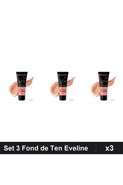 Makeup Set 3 Fonduri de Ten Eveline Selfie Time 2 in 1, Nuanta 02 Ivory, 30ml