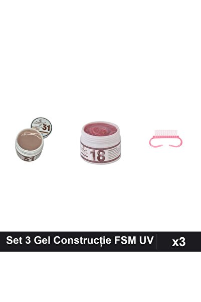 Makeup Set 3 Gel Construcție UV LED FSM 15g, Nuante 31 și 18, cu Perie Praf Roz