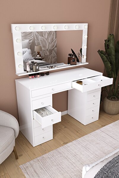 DF02120 led White Mirrored Vanity Table with 12 Drawers, 120 cm Cosmetic and Jewelry Organizer