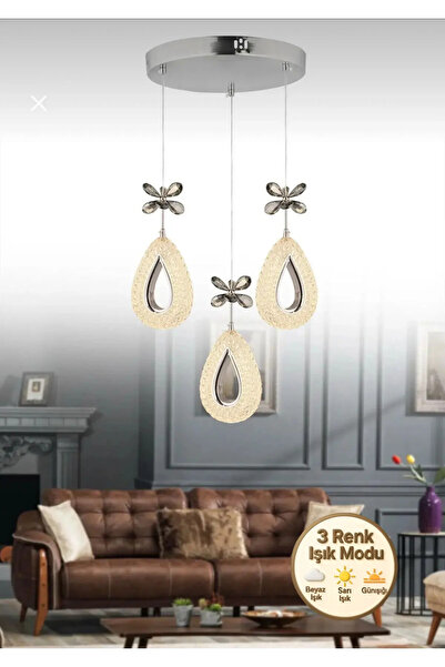 Lüxev Lighting Yağmur Model 3'lü Gümüş 3 Renk Modu Ledli Kristal Taşlı Modern...