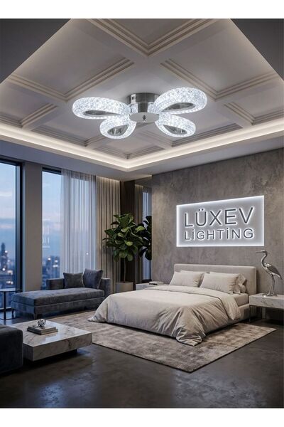 Lüxev Lighting Yağmur Model 4"lü Gümüş 3 Renk Modu Ledli Modern Plafonyer Sal...
