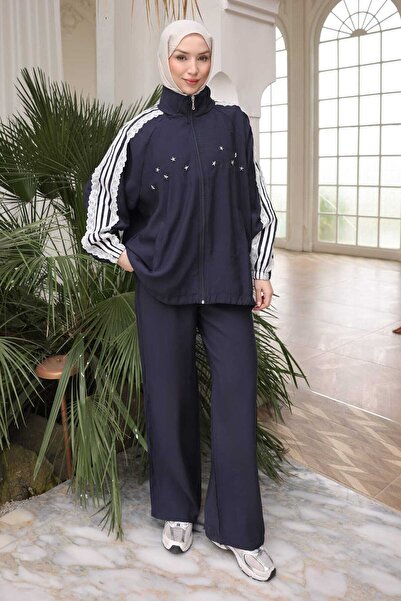İmajButik Navy Blue Lace Detailed Tunic and Pants Set