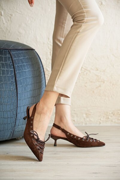 GOFFSHOES Pantofi cu toc scurt pentru femei, cu detaliu din dantelă - Maro-Pi...