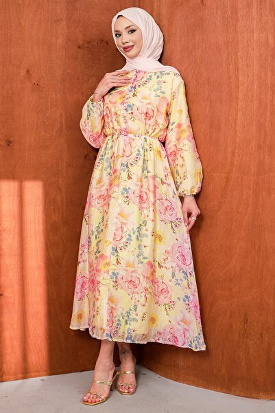 İmajButik Powder Patterned Collar Buttoned Dress