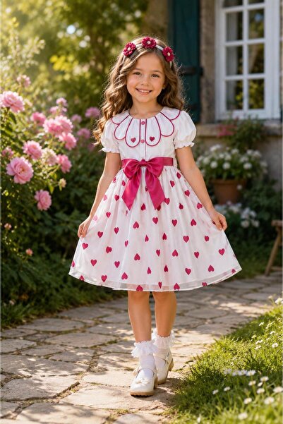 KOZADANKIDS Kalp Desenli Şifon Elbise TAÇ HEDİYELİ