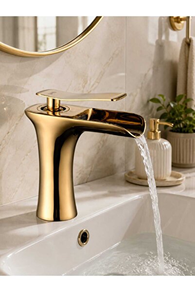 vitkar su armatürleri Şelale Model Gold Banyo Çanak Lavabo Bataryası ( Kısa )
