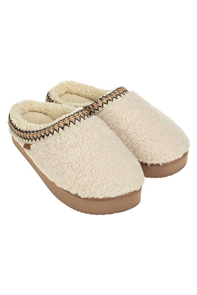 Zumzeria Ecru Winter Slippers with Brown Trim & Faux Fur for Women