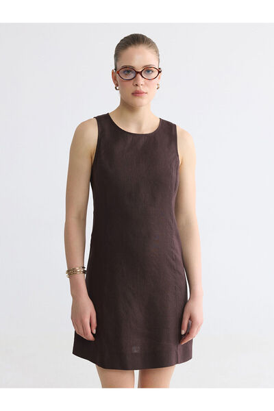 LC Waikiki Brown Crew Neck Linen Mini Dress