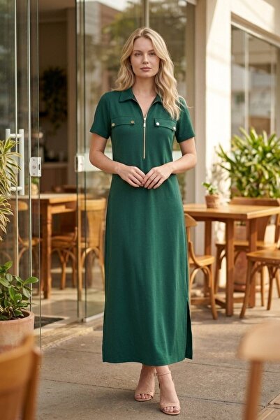 Mossta Polo Collar Zipper Detailed Long Viscose Two-Thread Dress - Green