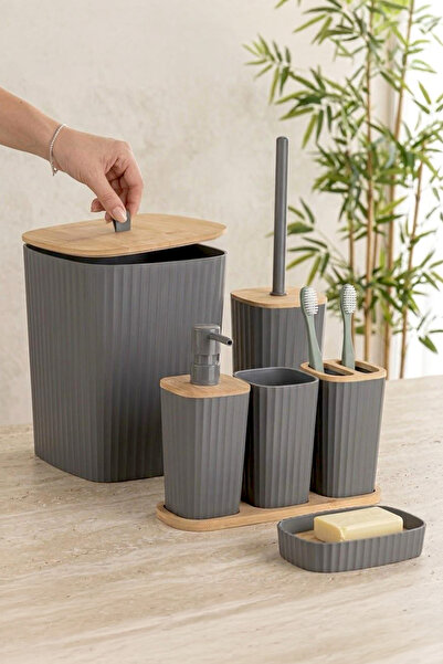 Kitchen Life Αυτοκόλλητο σετ μπάνιου από αληθινό μπαμπού μαύρο 6 τεμαχίων Sap...