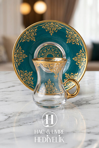 HUH Hac & Umre Hediyelik Lüks Çay Bardak Seti | 6 Kişilik Çay Takımı | Gold İ...