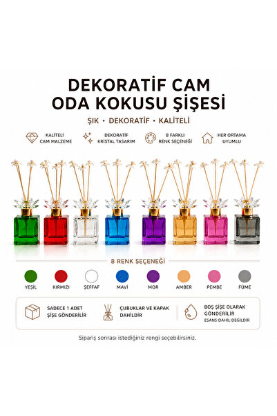 narniamiss Dekoratif Kristal Taşlı Cam Bambu Oda Kokusu Şişesi 100 ml | 8 Ren...