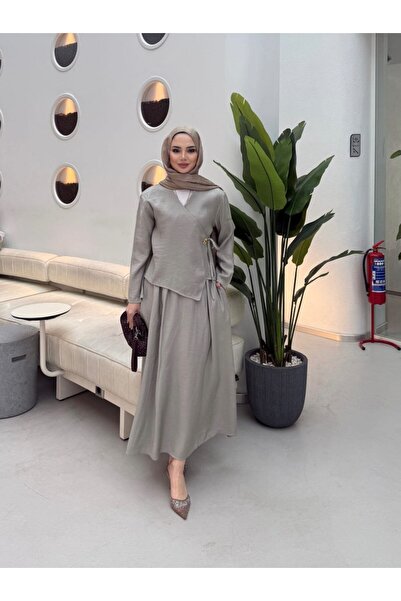 TrendParis Side-Tie Double-Breasted Jacket & Flared Skirt Two-Piece Set Gray
