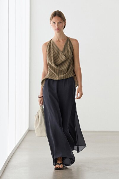Massimo Dutti Dökümlü volanlı %100 ipek pantolon