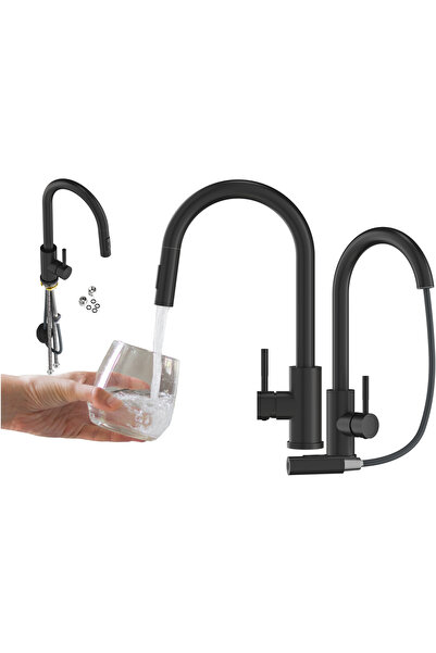 Granitan Baterie Bucatarie Libra, Inox, Duza Rotativa 360°, Negru