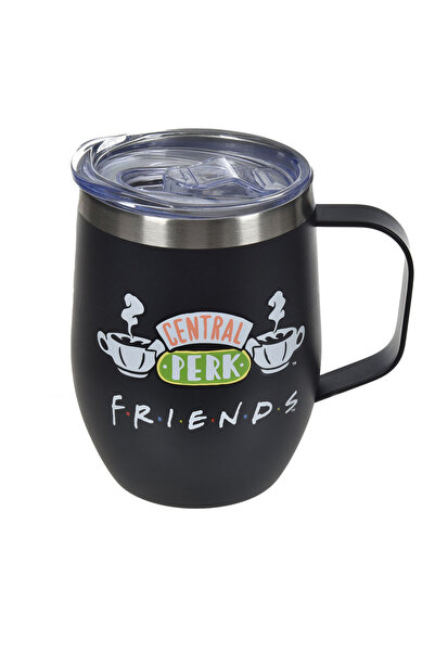 Friends Cană de cafea din oțel inoxidabil negru mat, cu mâner și capac, 350ml