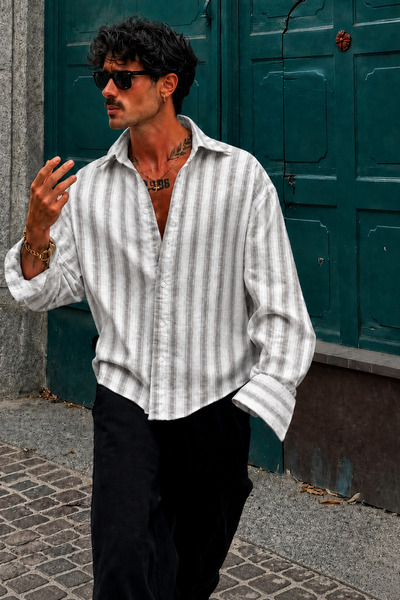 Tarz Cool Men's Linen Blend Oversize Striped Shirt Striped Comfortable Fit Su...