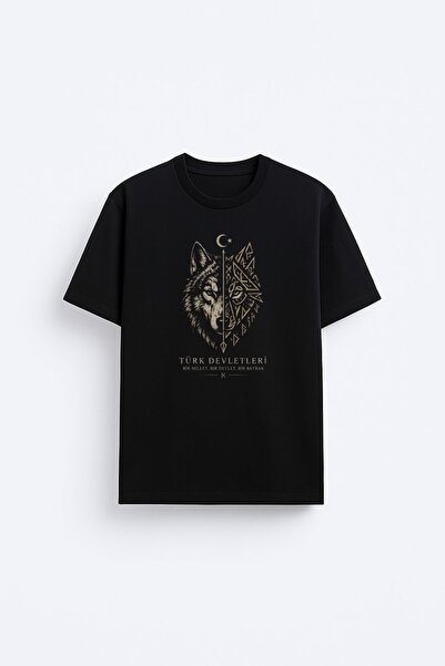 AYDESİGN Tricou negru din țesătură 100% bumbac cu imprimeu turcesc Bozkurt Kurt