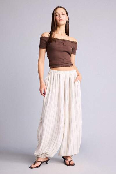 DeFacto Balloon Fit Double Pocket Regular Waist Standard Length Linen Blend T...
