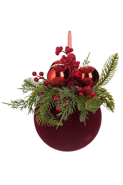 Zumzeria Ornament pentru bradul de Crăciun, glob din catifea roșie cu ramură ...
