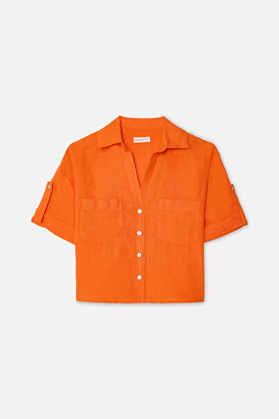 Mudo Women's Orange Crop Short Sleeve Linen Shirt