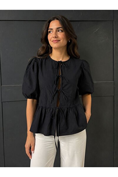 MAESTRO WOMAN Kadın Siyah Bağlamalı Kısa Kol Peplum Gömlek