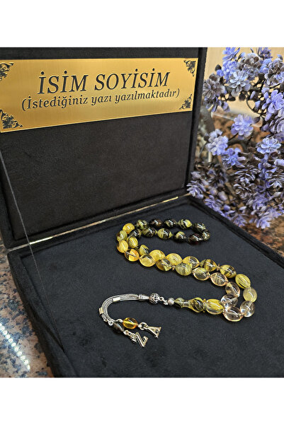 zikir tesbih premıum Ateş Kehribar Tesbih 925 ayar Gümüş Püskül , Kadife Kutu...
