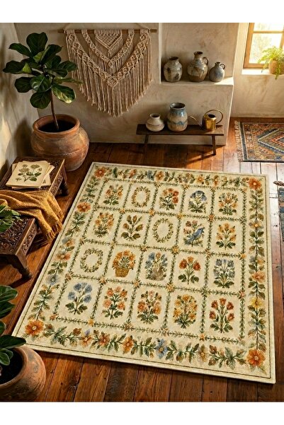Rugs Modern Halı SDT Klasik Vintage Stil Çiçek Bahçesi Desenli Krem Dokuma Ta...