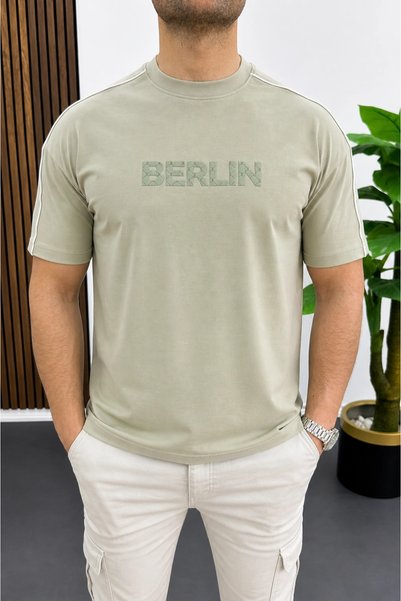 Edwox Tricou pentru bărbați cu imprimeu în relief și detaliu cu dungi, verde ...