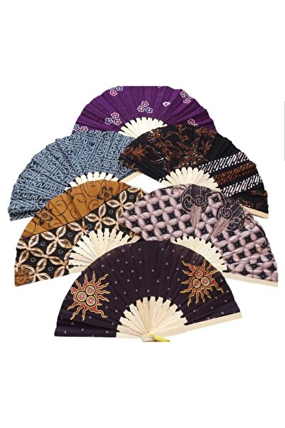 e-life shop Endonezya Batik Kumaş Bambu Ahşap Yelpaze 27 Cm El Yapımı Vintage...