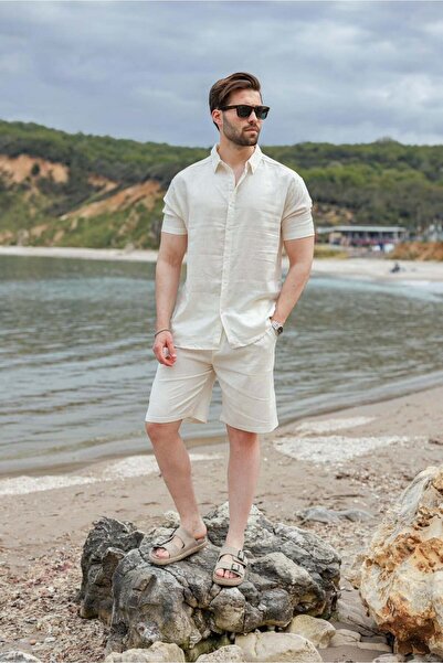 Madmext Ecru Linen Look Relax Fit Men's Shirt Shorts Set E7364