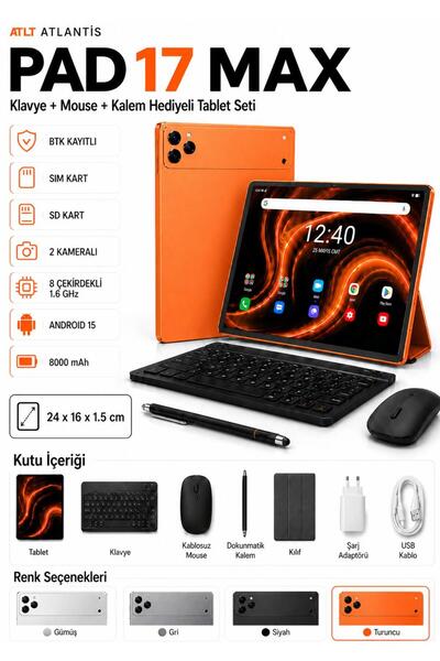 Shopfocus PAD 17 MAX TABLET BTK KAYITLI SIM KART UYUMLU KLAVYE+MAUSE+KALEM+KU...