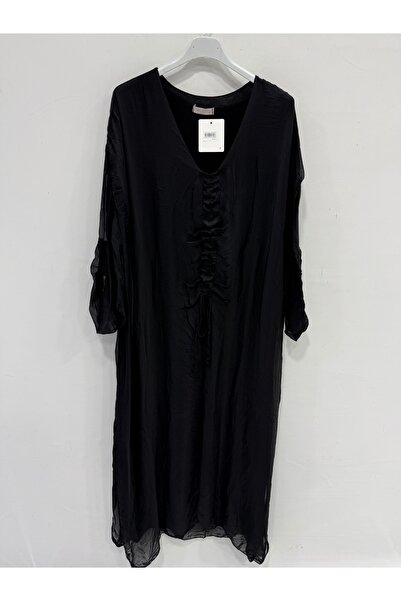 della moor Italian Black Collar Gathered Folded Long Sleeve Lined Long Silk D...
