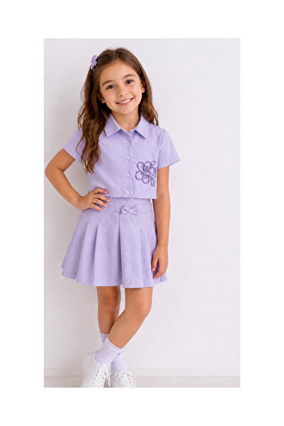 JABBER Girls' Shirt Pleated Skirt Embroidered Viscose Fabric Set