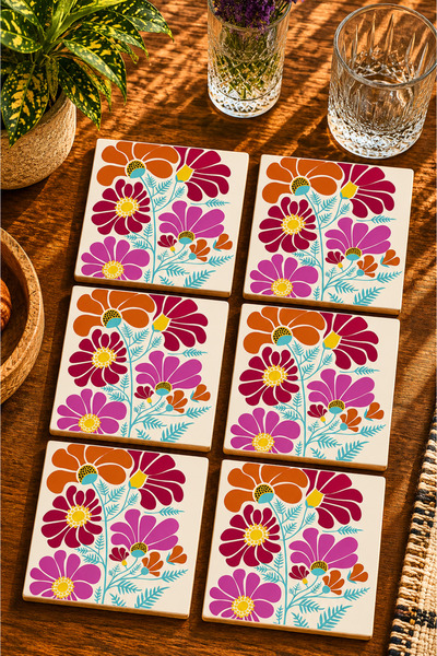 JHAAR Abstract Floral Themed Modern Set of 6 Coasters - Uv Printed Mdf - 10X1...