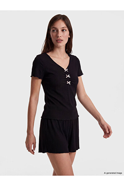 LC Waikiki Seray New Season V-Neck Bowknot Women's Shorts Pajama Set