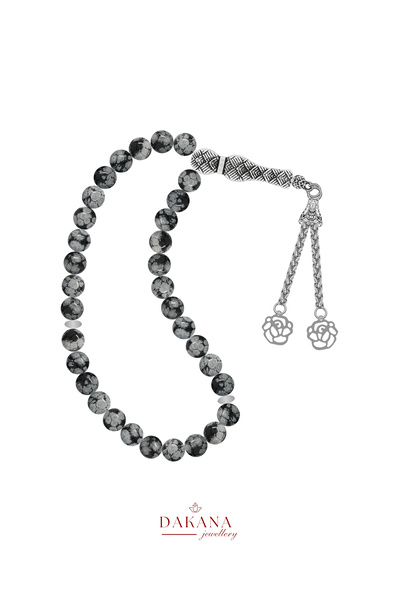 DAKANA JEWELLERY Certified 8 mm Obsidian Stone Lotus Flower Steel Tassel Natu...