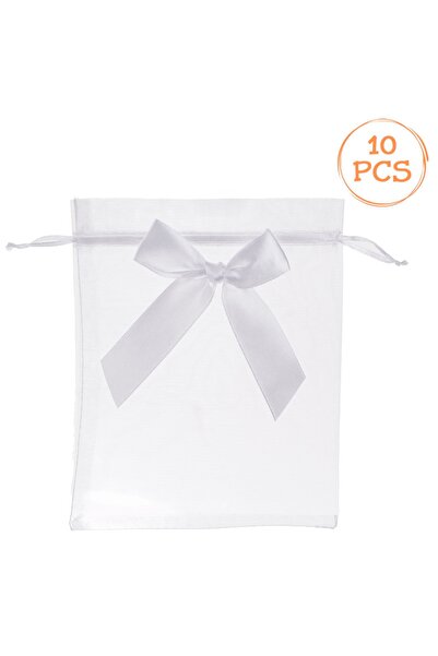 Zumzeria Pungi cadou din organza albă cu panglică 15x19cm - 10 bucăți