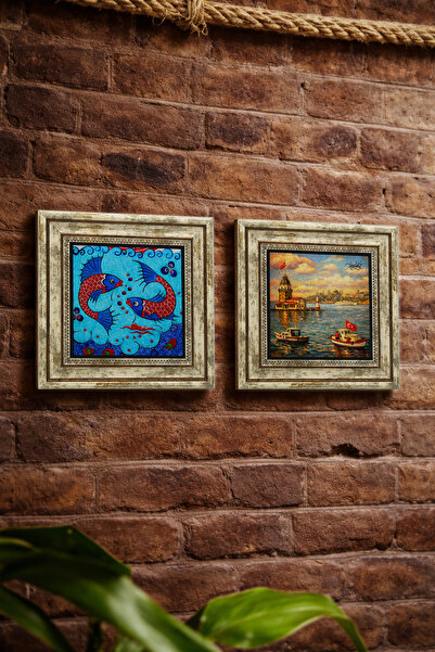 Sadrazam Istanbul Maiden's Tower and Fish Tile Motif 25X25 cm Set of 2 Natura...