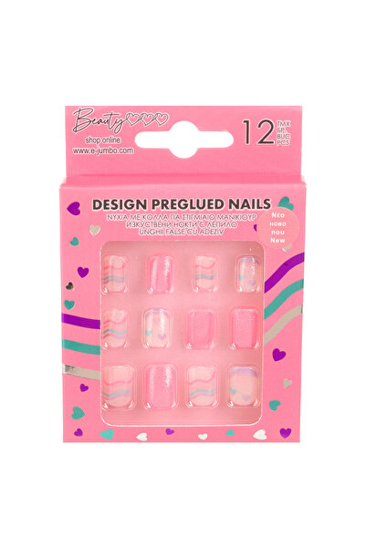 Zumzeria Self-Adhesive Pink Purple False Nails with Glitter Heart Pattern for...