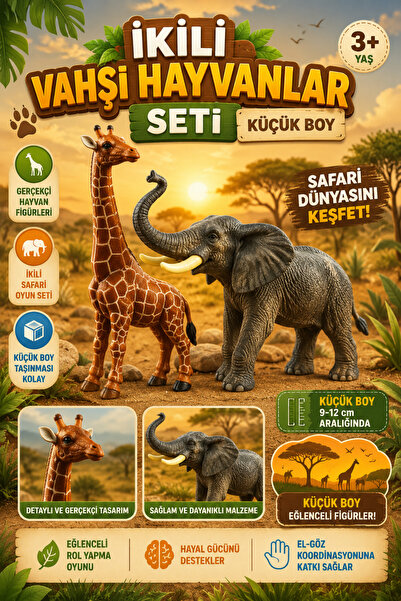 Tamsena Store İkili Vahşi Hayvan Oyuncak Seti Küçük Boy Safari Hayvan Figürleri