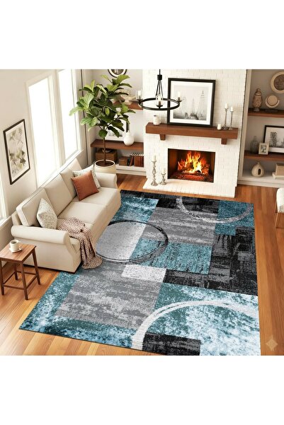 Romania Modern Geometric Pattern Non-Slip Digital Rug , Black and Turquoise