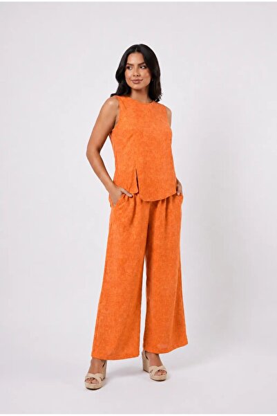 hazelin Women's Orange Linen Textured Comfortable Cut Top and Bottom Set Hzl26S-Vl15141